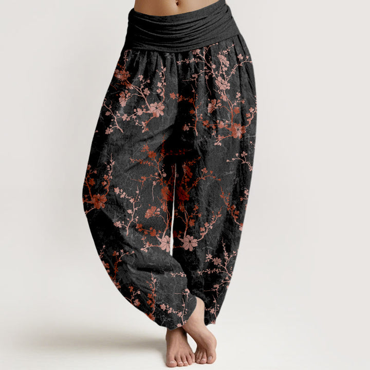 Buddha Stones Harembroek voor dames met elastische Taille , gemaakt van 100% Cotton met bloeiende bloemen, takken en bladeren. - Zwart - US16, UK/AU20, EU48 (3XL) - image 5