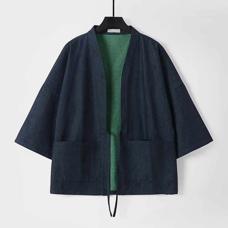 Buddha Stones Effen jas met vetersluiting, open voorkant en Mouwlengte , heren denim katoenen kimono - Zwart - US/UK/AU54, EU64 (9XL) - image 0