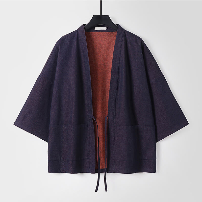 Buddha Stones Effen jas met vetersluiting, open voorkant en Mouwlengte , heren denim katoenen kimono - Staalblauw - US/UK/AU54, EU64 (9XL) - image 1