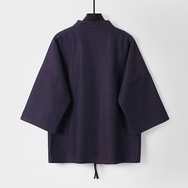 Buddha Stones Effen jas met vetersluiting, open voorkant en Mouwlengte , heren denim katoenen kimono - image 2