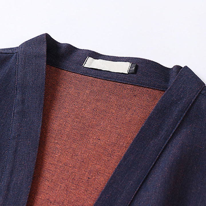 Buddha Stones Effen jas met vetersluiting, open voorkant en Mouwlengte , heren denim katoenen kimono - image 3