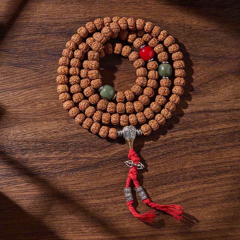 Buddha Stones Tibetaanse Mala met 108 Bodhi-zaadkralen en drie ogen (Dzi-kraal) als gelukssymbool. - Alles verloopt zoals gewenst. - 10mm - image 0