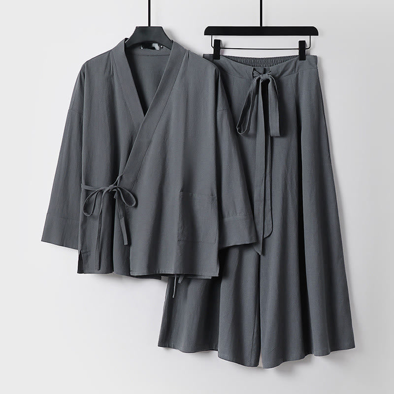 Buddha Stones 2-delige herfstset van katoenen kimono met vetersluiting, enkellange broek met wijde pijpen en Zakken , geschikt voor meditatie. - Grijs - US/UK/AU54, EU64 (9XL) - image 0