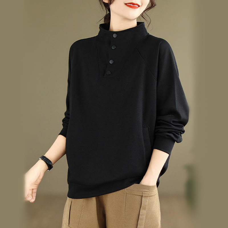 Buddha Stones Herfst effen katoenen sweatshirt met opstaande kraag en knoopsluiting , Lange mouw, geschikt voor dames. - image 1