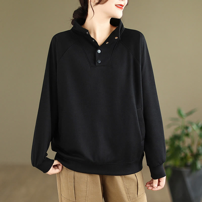 Buddha Stones Herfst effen katoenen sweatshirt met opstaande kraag en knoopsluiting , Lange mouw, geschikt voor dames. - Zwart - US8-10，UK/AU12-14，EU40-42 (2XL) - image 0