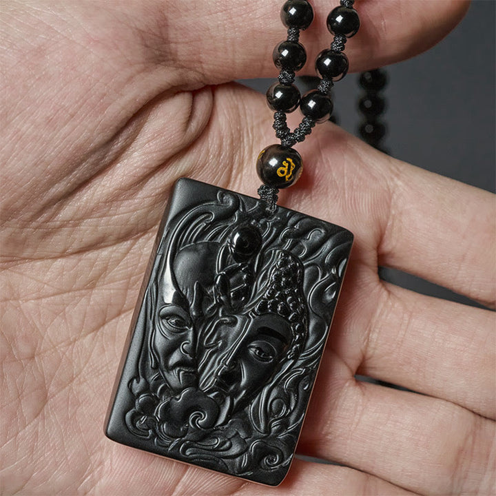 Buddha Stones Ketting met reliëf van half demon, half Boeddha, en van zwarte obsidiaan. - image 2