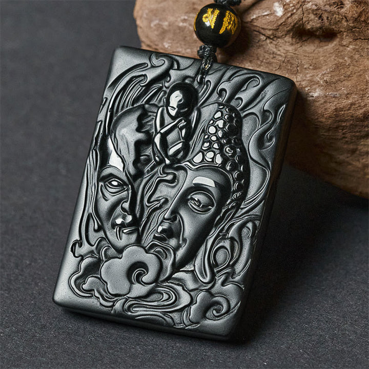 Buddha Stones Ketting met reliëf van half demon, half Boeddha, en van zwarte obsidiaan. - image 0