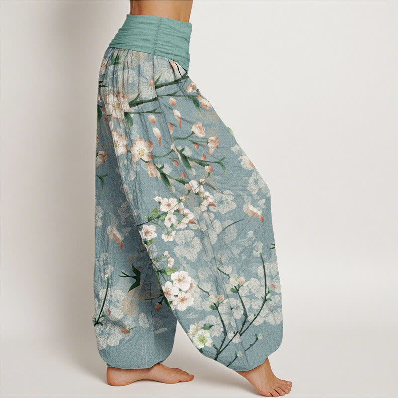 Buddha Stones Harembroek voor dames met elastische Taille en perzikbloesems en vliegende ganzenprint , 100% Cotton. - image 2