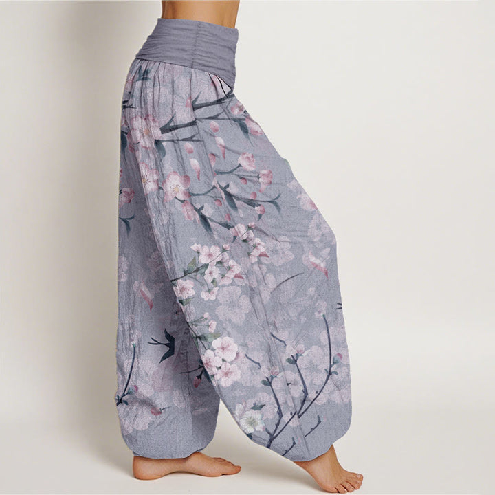 Buddha Stones Harembroek voor dames met elastische Taille en perzikbloesems en vliegende ganzenprint , 100% Cotton. - image 10