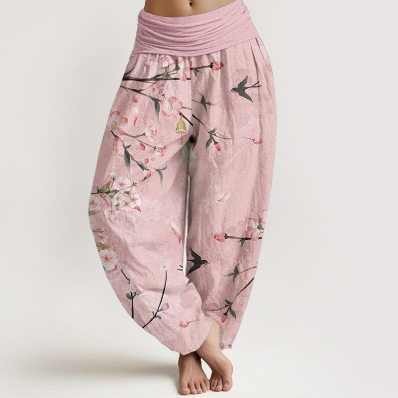 Buddha Stones Dames harembroek met elastische Taille en perzikbloesem- en vliegende ganzenprint. - Roze - US22, UK/AU26, EU54 (6XL) - image 4