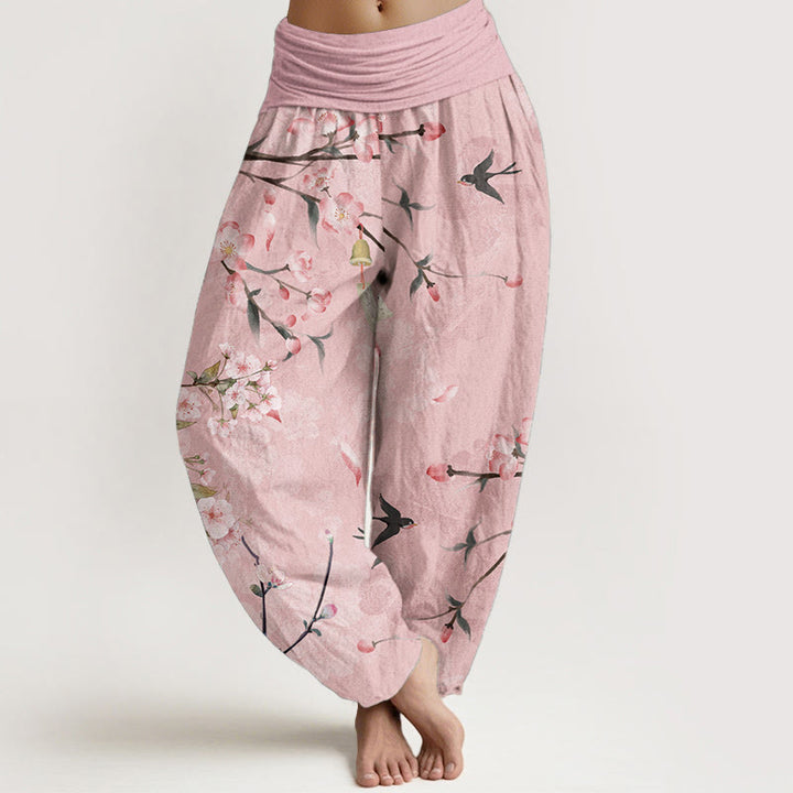 Buddha Stones Dames harembroek met elastische Taille en perzikbloesem- en vliegende ganzenprint. - Roze - US22, UK/AU26, EU54 (6XL) - image 4