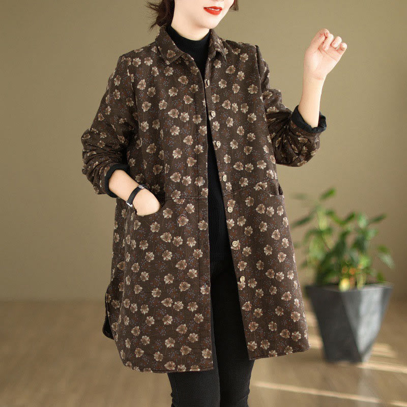 Buddha Stones Damesjas met Lange mouw en bloemenpatroon, van katoen, met Zakken, voor de herfst en winter. - Zadelbruin - US12, UK/AU16, EU44 (3XL) - image 0