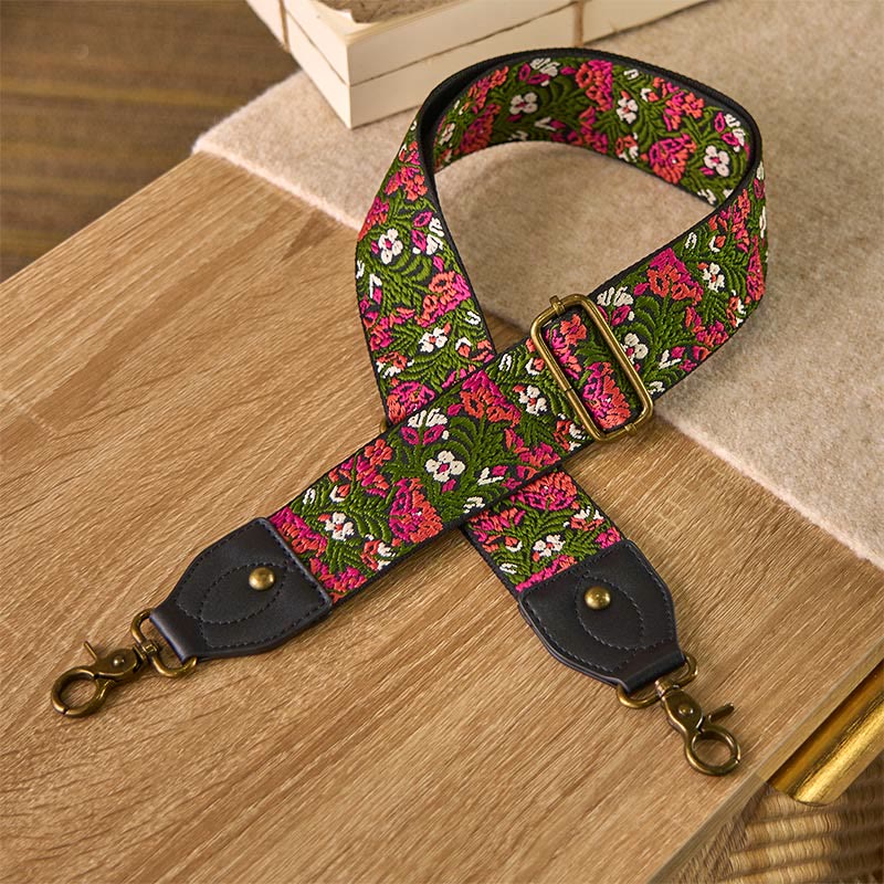Buddha Stones Boheemse roos, rode bloem, groene bladeren, borduurwerk, verstelbare schouderband voor handtas, Schoudertas , vervanging - Groen Zwart - 85-135 cm * 5 cm - image 0