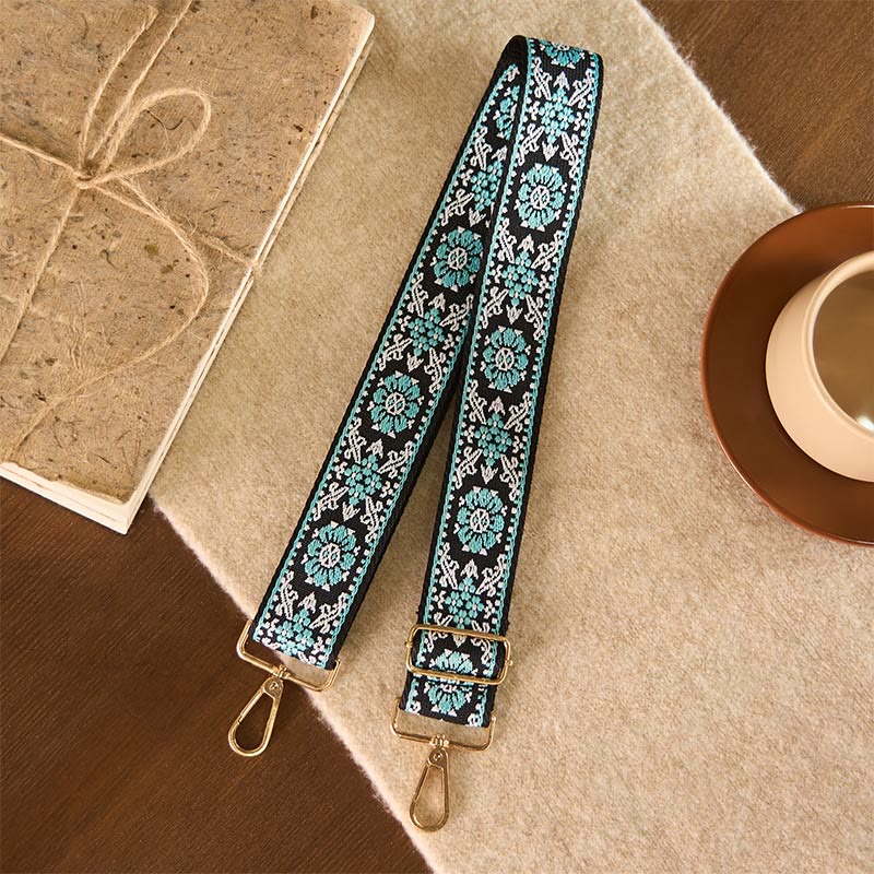 Buddha Stones Boheemse ronde handtas met geometrische bloemborduursels, verstelbare schouderbandjes voor Schoudertas en handtassen - Cyaan 76-136cm*5cm - image 0
