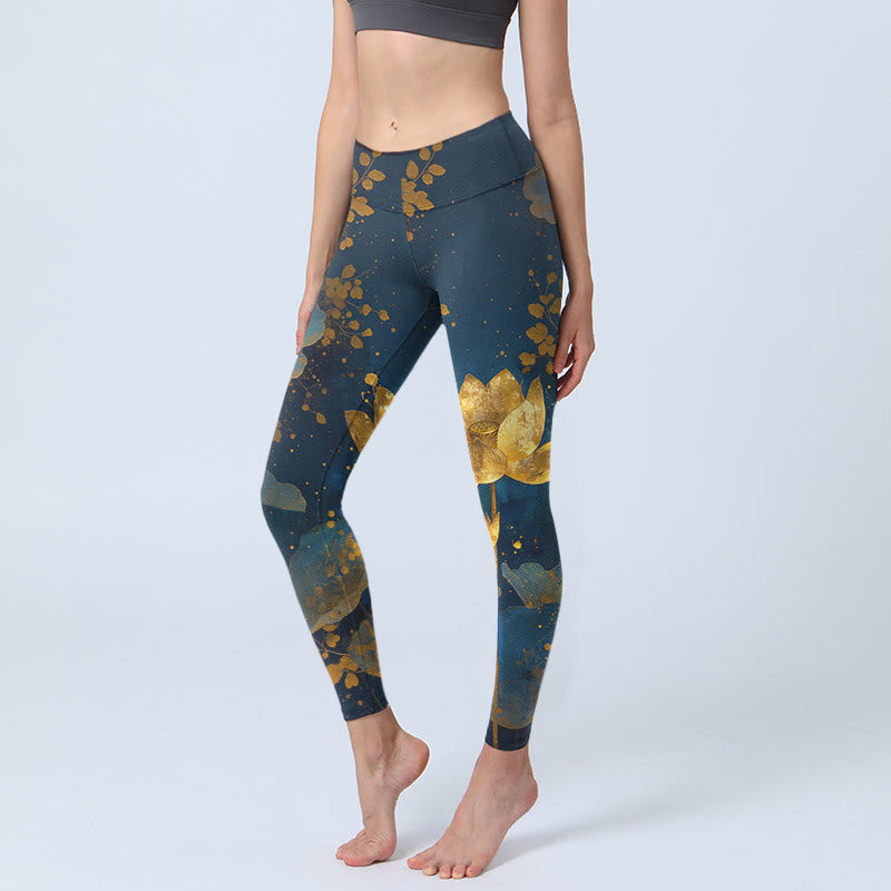 Buddha Stones Elegante en stijlvolle legging met lotusbloem- en stippenprint voor dames, perfect voor de sportschool of yoga. - Staalblauw - US18, UK/AU22, EU50 (4XL) - image 0