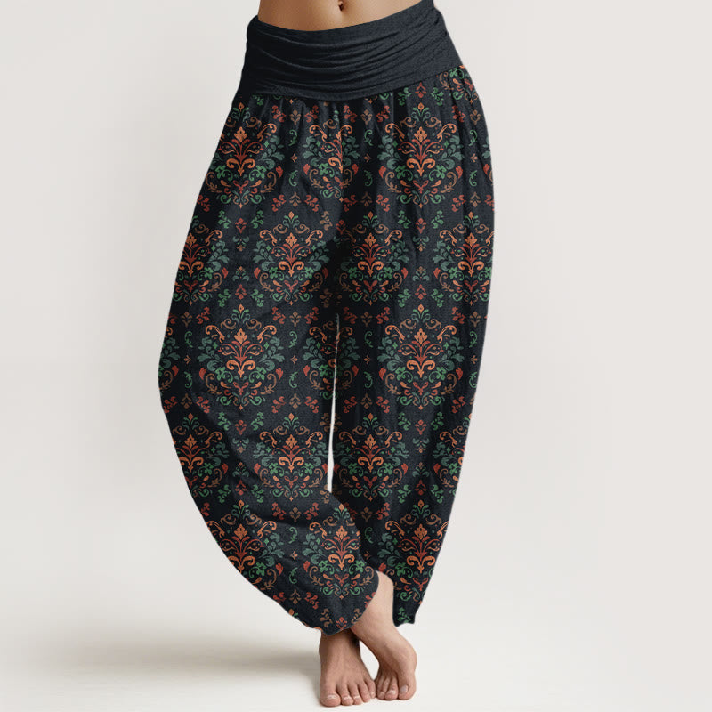 Buddha Stones Harembroek voor dames met elastische Taille , retro design, symmetrisch bloemen- en bladpatroon, gemaakt van 100% Cotton. - Zwart - US16, UK/AU20, EU48 (3XL) - image 0