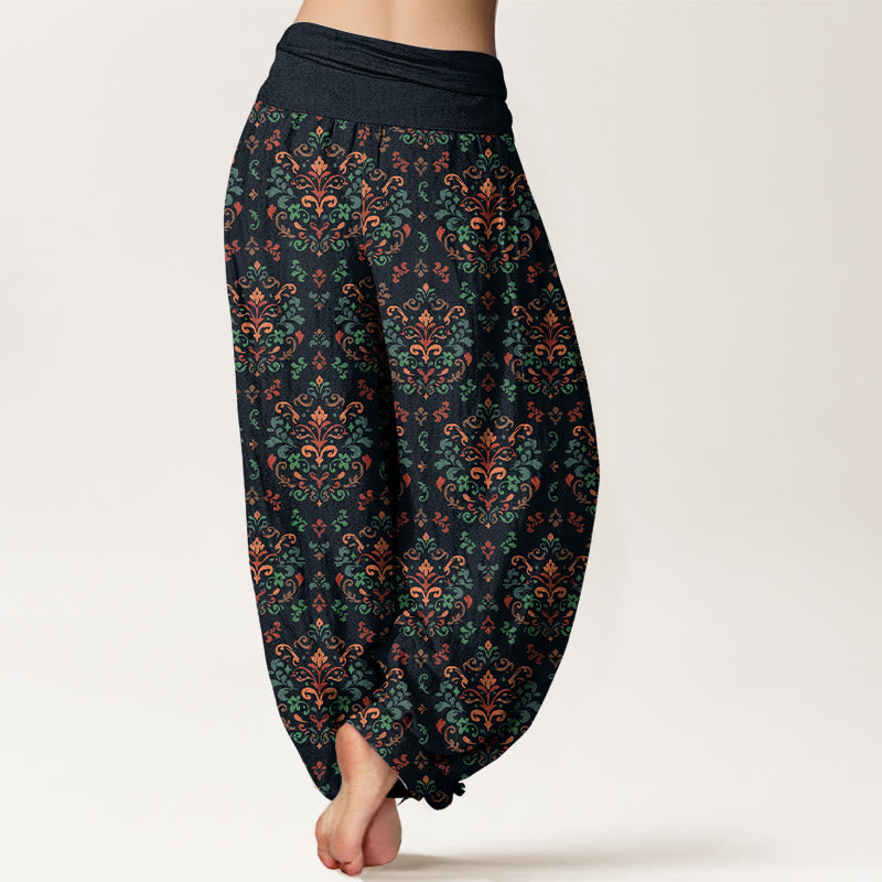 Buddha Stones Harembroek voor dames met elastische Taille , retro design, symmetrisch bloemen- en bladpatroon, gemaakt van 100% Cotton. - image 1