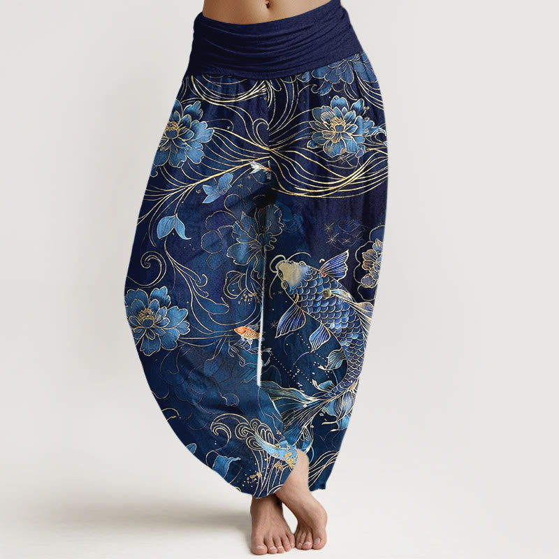 Buddha Stones Harembroek voor dames met elastische Taille , 100% Cotton met een dromerig patroon van koivissen en pioenrozen. - Marine - US16, UK/AU20, EU48 (3XL) - image 0