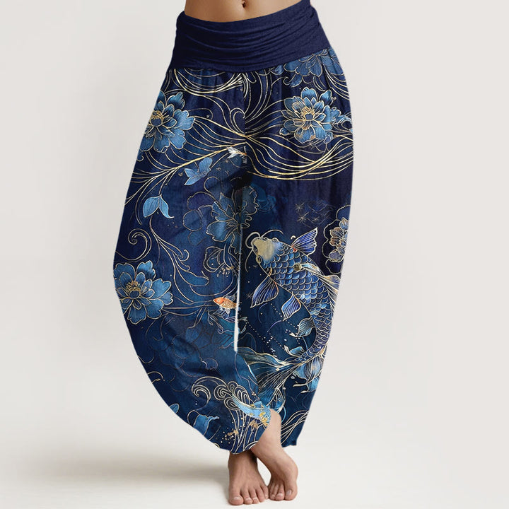 Buddha Stones Harembroek voor dames met elastische Taille , 100% Cotton met een dromerig patroon van koivissen en pioenrozen. - Marine - US16, UK/AU20, EU48 (3XL) - image 0