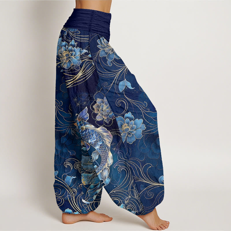 Buddha Stones Harembroek voor dames met elastische Taille , 100% Cotton met een dromerig patroon van koivissen en pioenrozen. - image 2