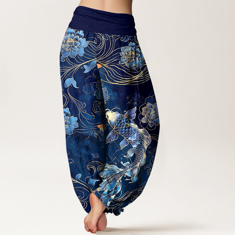 Buddha Stones Harembroek voor dames met elastische Taille , 100% Cotton met een dromerig patroon van koivissen en pioenrozen. - image 1