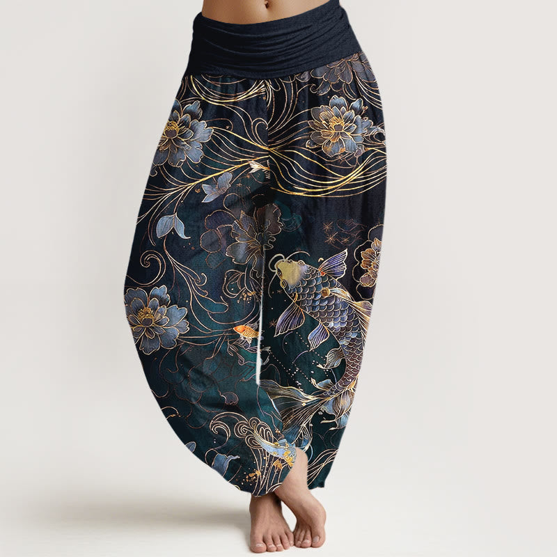 Buddha Stones Harembroek voor dames met elastische Taille , 100% Cotton met een dromerig patroon van koivissen en pioenrozen. - Zwart - US16, UK/AU20, EU48 (3XL) - image 5
