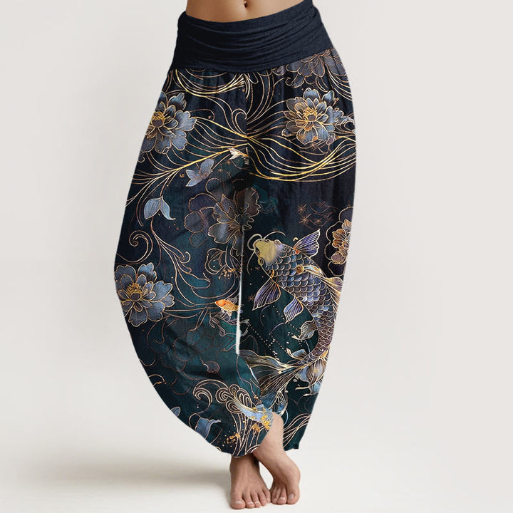 Buddha Stones Harembroek voor dames met elastische Taille , 100% Cotton met een dromerig patroon van koivissen en pioenrozen. - Zwart - US16, UK/AU20, EU48 (3XL) - image 5