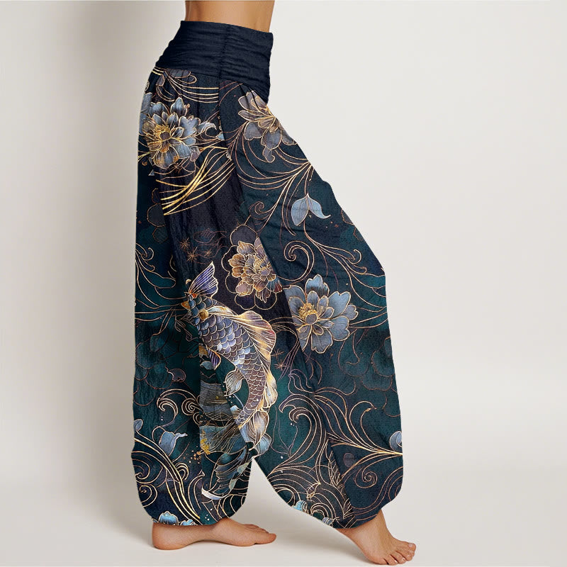 Buddha Stones Harembroek voor dames met elastische Taille , 100% Cotton met een dromerig patroon van koivissen en pioenrozen. - image 7