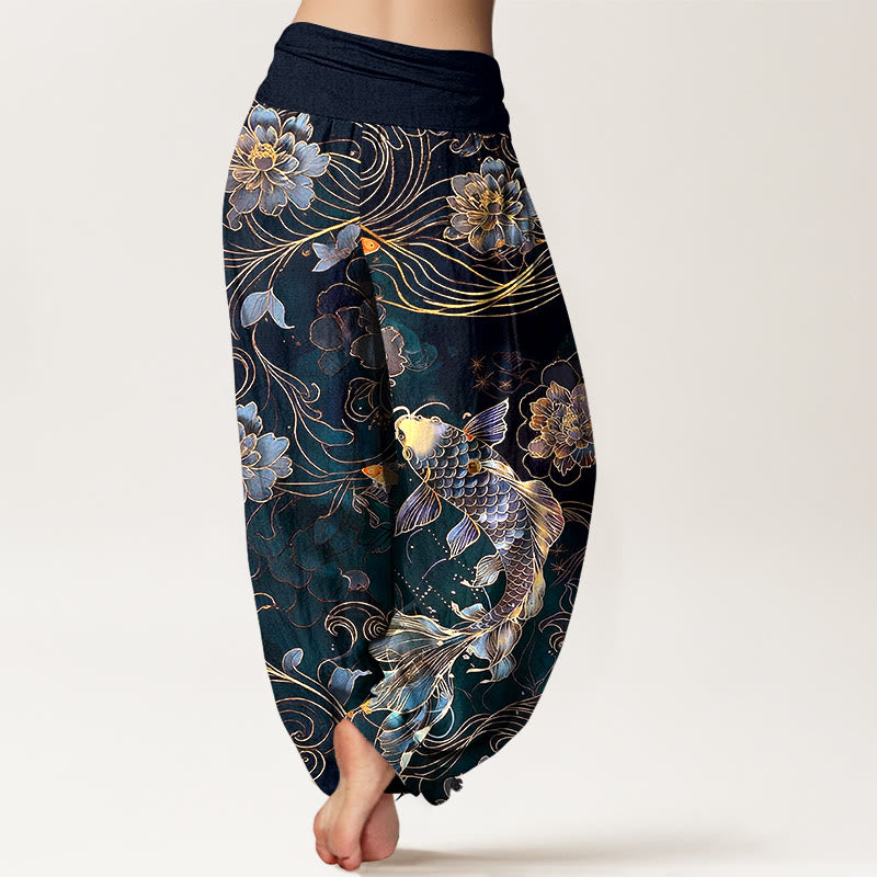 Buddha Stones Harembroek voor dames met elastische Taille , 100% Cotton met een dromerig patroon van koivissen en pioenrozen. - image 6