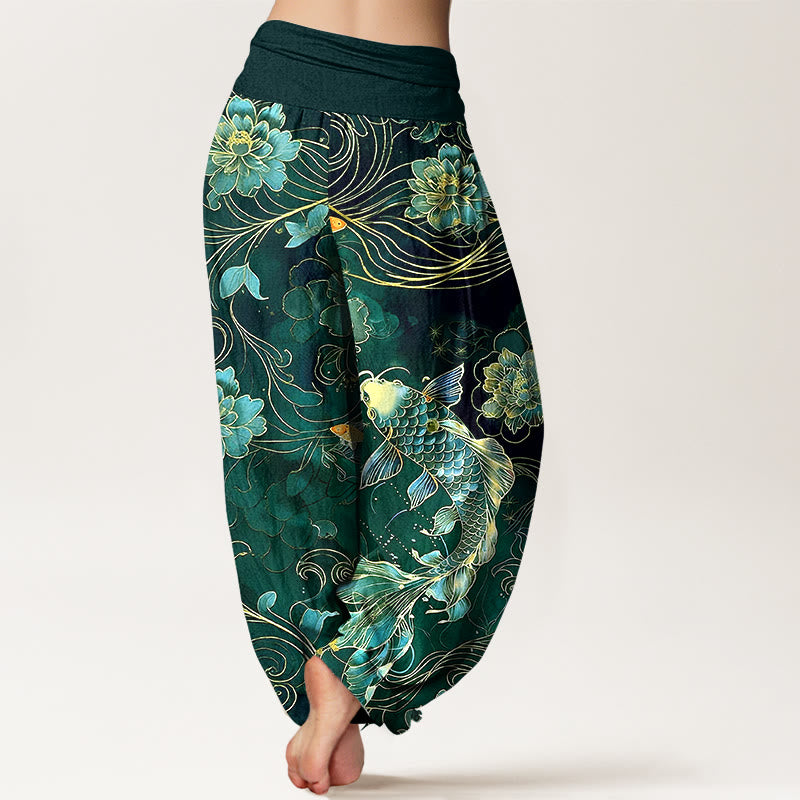 Buddha Stones Harembroek voor dames met elastische Taille , 100% Cotton met een dromerig patroon van koivissen en pioenrozen. - image 9