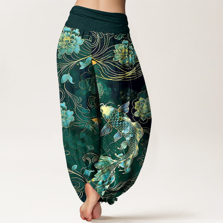 Buddha Stones Harembroek voor dames met elastische Taille , 100% Cotton met een dromerig patroon van koivissen en pioenrozen. - image 9