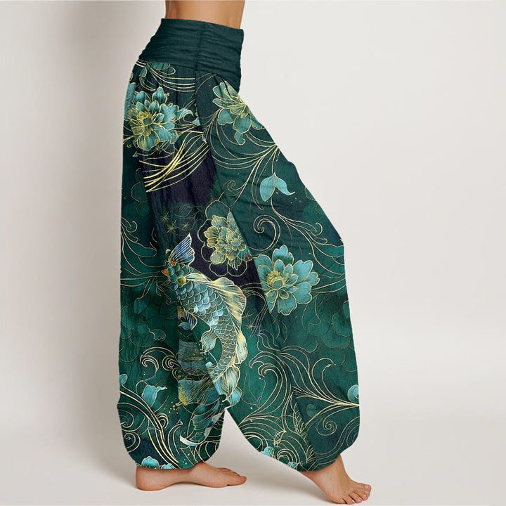 Buddha Stones Harembroek voor dames met elastische Taille , 100% Cotton met een dromerig patroon van koivissen en pioenrozen. - image 10