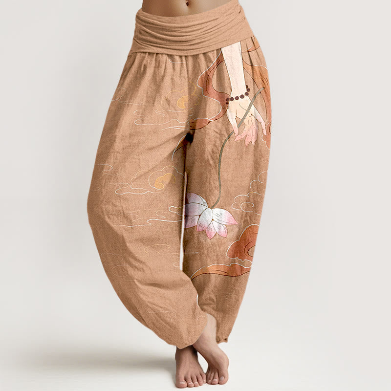 Buddha Stones Harembroek voor dames met elastische Taille, 100% Cotton met lotusbloemmotief, vloeiende linten, handkralen en wolkenpatroon. - Lichte zalm - US16, UK/AU20, EU48 (3XL) - image 0