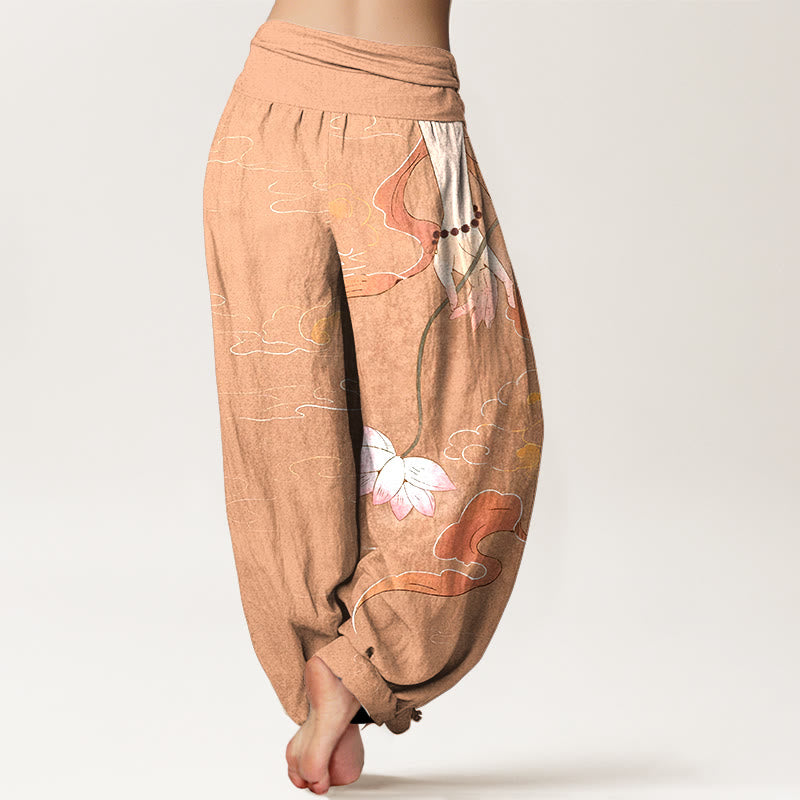 Buddha Stones Harembroek voor dames met elastische Taille, 100% Cotton met lotusbloemmotief, vloeiende linten, handkralen en wolkenpatroon. - image 1