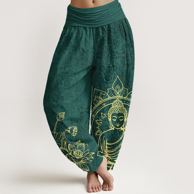 Buddha Stones Harembroek voor dames met elastische Taille, 100% Cotton, klassiek patroon van lotusbloem, zaadpeul, blad en Boeddha. - Donkergroen - US16, UK/AU20, EU48 (3XL) - image 0