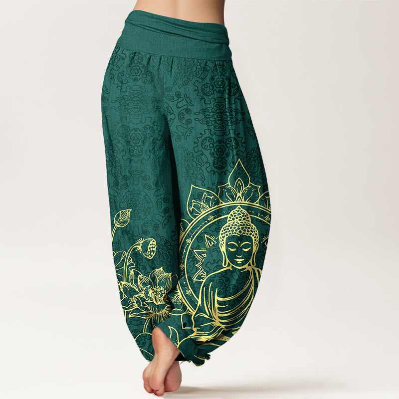 Buddha Stones Harembroek voor dames met elastische Taille, 100% Cotton, klassiek patroon van lotusbloem, zaadpeul, blad en Boeddha. - image 1