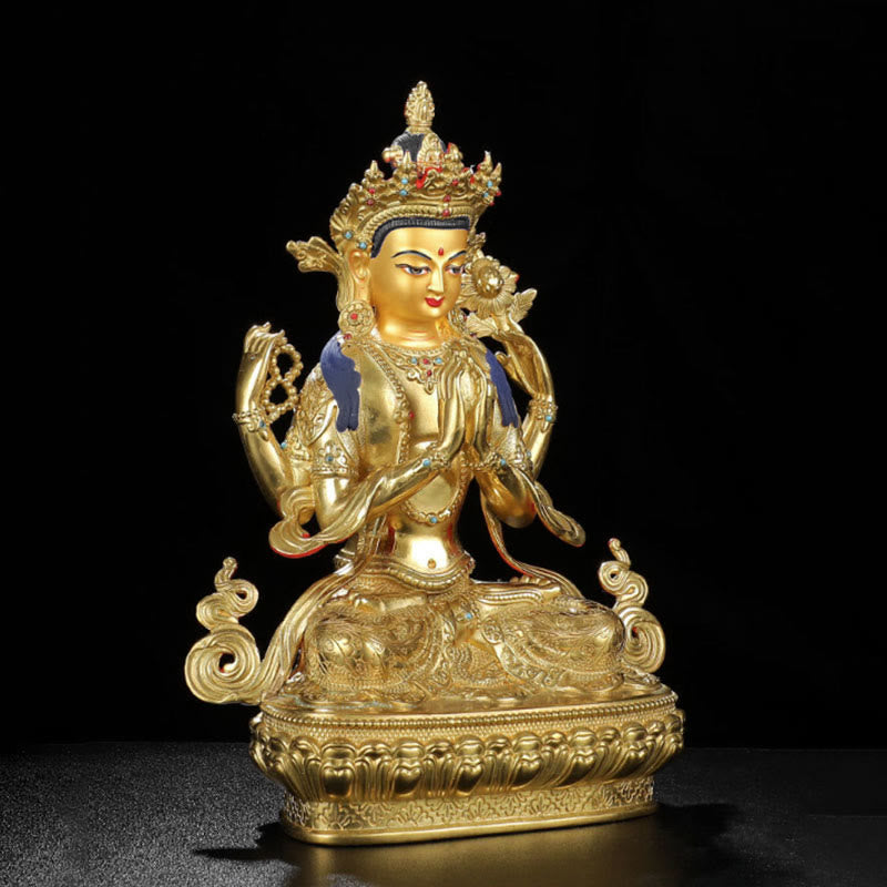 Buddha Stones Chenrezig Vierarmige Avalokitesvara Beschermingsbeeldje van koper met vergulde rand - image 3