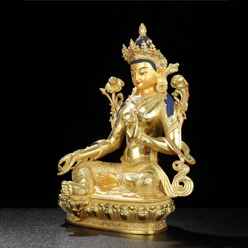 Buddha Stones Chenrezig Vierarmige Avalokitesvara Beschermingsbeeldje van koper met vergulde rand - image 5