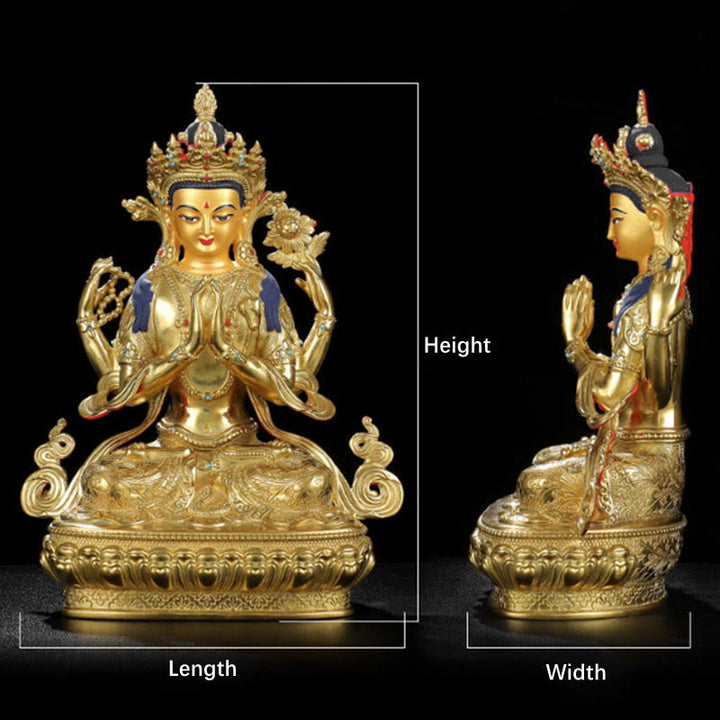 Buddha Stones Chenrezig Vierarmige Avalokitesvara Beschermingsbeeldje van koper met vergulde rand - image 13