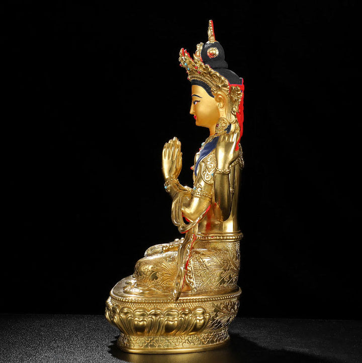 Buddha Stones Chenrezig Vierarmige Avalokitesvara Beschermingsbeeldje van koper met vergulde rand - image 6