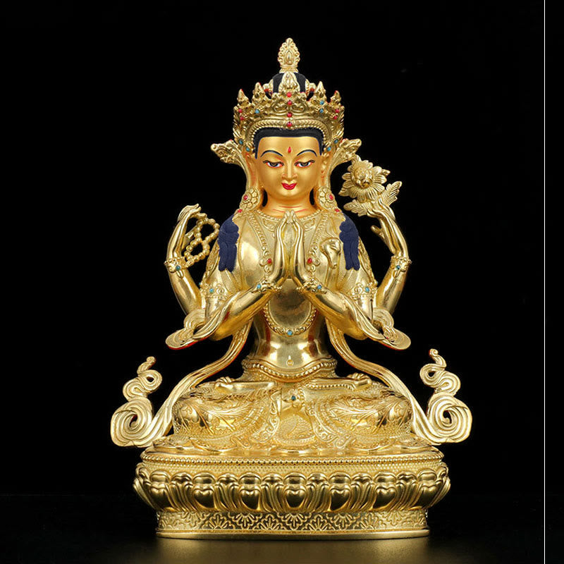 Buddha Stones Chenrezig Vierarmige Avalokitesvara Beschermingsbeeldje van koper met vergulde rand - image 4
