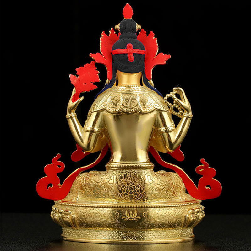 Buddha Stones Chenrezig Vierarmige Avalokitesvara Beschermingsbeeldje van koper met vergulde rand - image 7