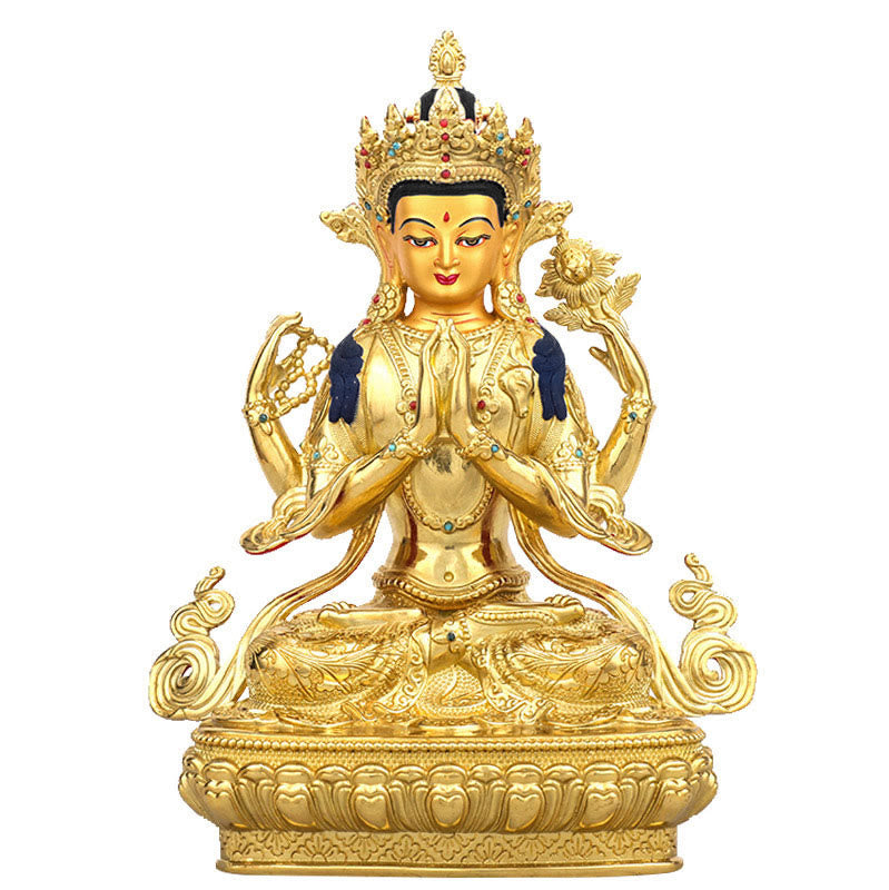 Buddha Stones Chenrezig Vierarmige Avalokitesvara Beschermingsbeeldje van koper met vergulde rand - image 0