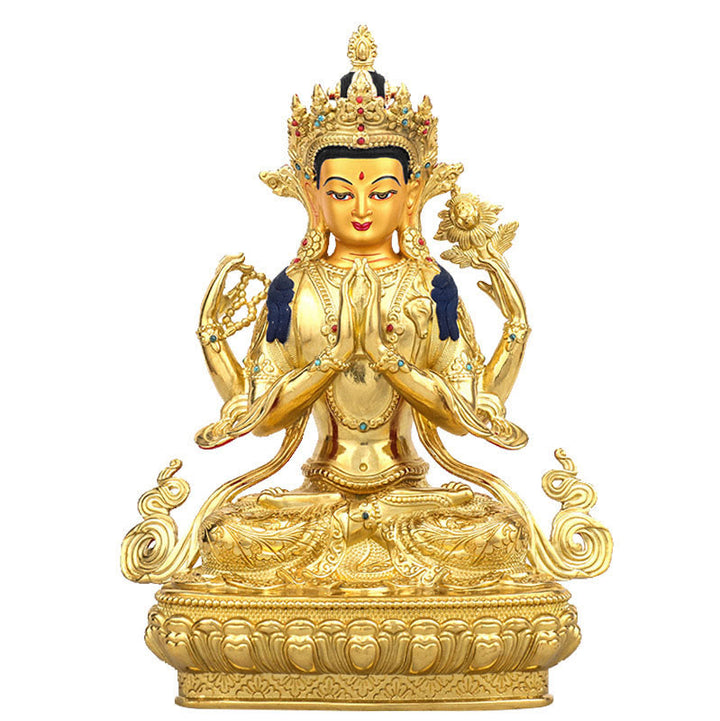Buddha Stones Chenrezig Vierarmige Avalokitesvara Beschermingsbeeldje van koper met vergulde rand - image 0