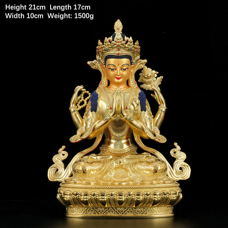 Buddha Stones Chenrezig Vierarmige Avalokitesvara Beschermingsbeeldje van koper met vergulde rand - 7 inch - image 2