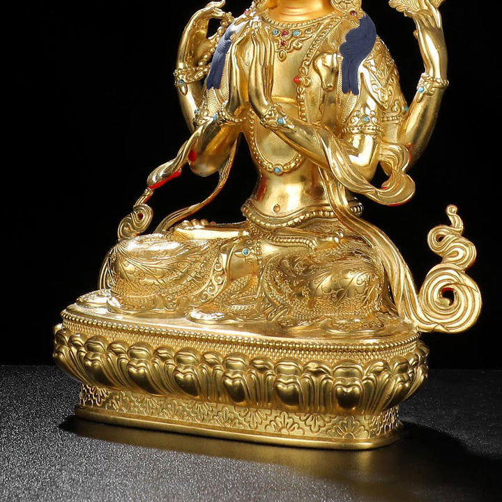 Buddha Stones Chenrezig Vierarmige Avalokitesvara Beschermingsbeeldje van koper met vergulde rand - image 10