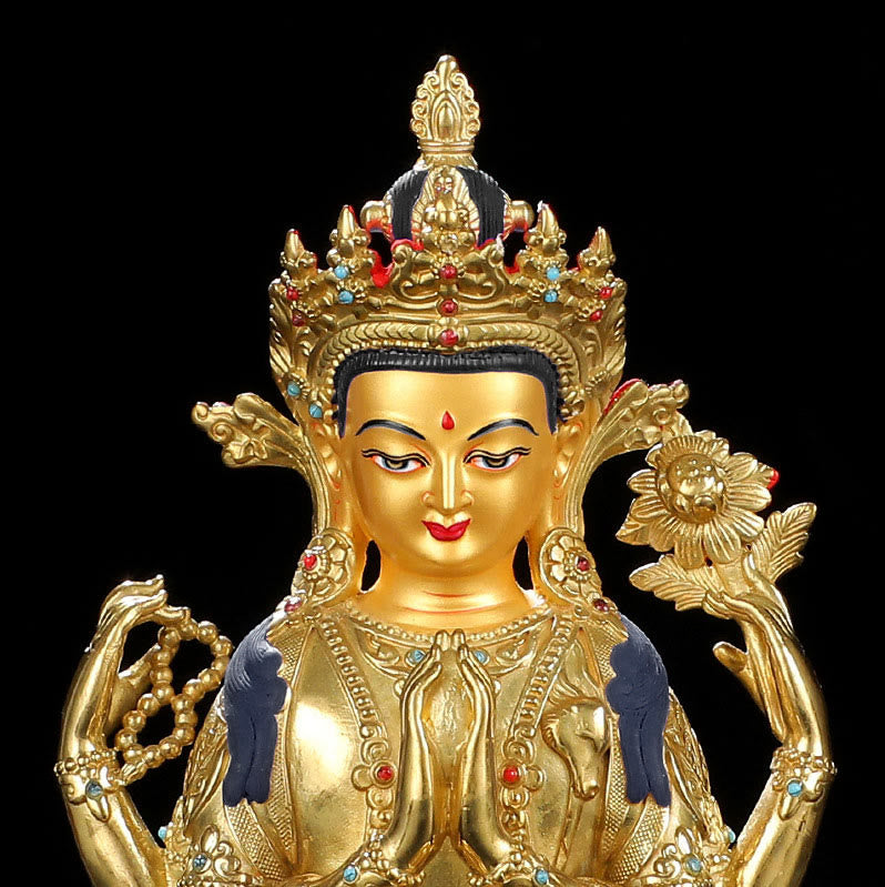 Buddha Stones Chenrezig Vierarmige Avalokitesvara Beschermingsbeeldje van koper met vergulde rand - image 9