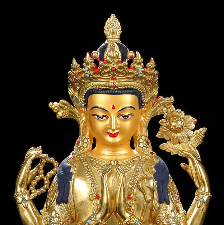Buddha Stones Chenrezig Vierarmige Avalokitesvara Beschermingsbeeldje van koper met vergulde rand - image 9