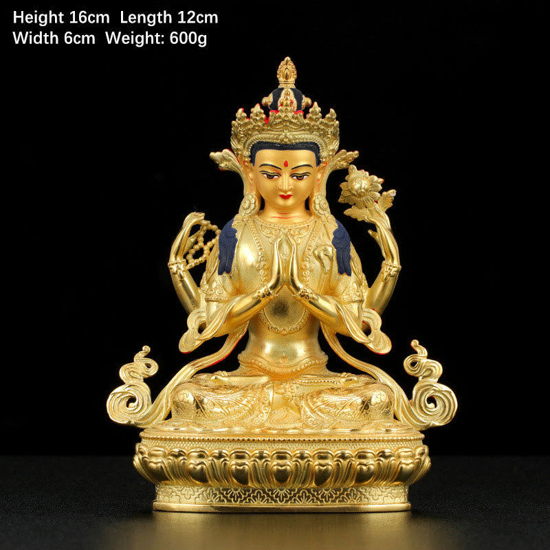 Buddha Stones Chenrezig Vierarmige Avalokitesvara Beschermingsbeeldje van koper met vergulde rand - 5 inch - image 1