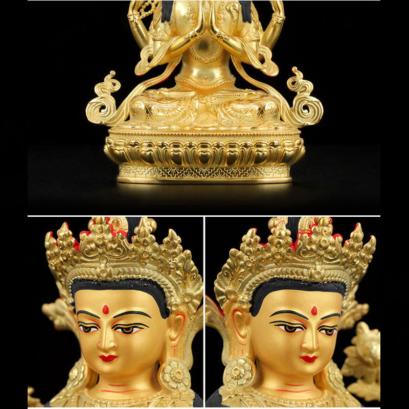Buddha Stones Chenrezig Vierarmige Avalokitesvara Beschermingsbeeldje van koper met vergulde rand - image 12
